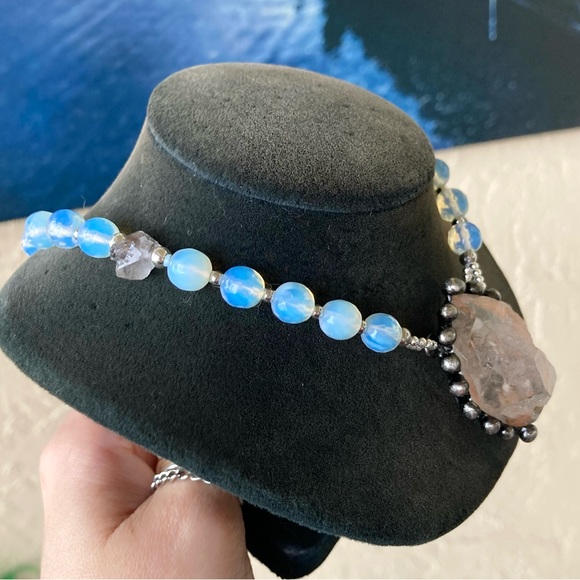 Herkimer diamond crystal quartz & iridescent blue opalite beads boho necklace - Picture 11 of 14